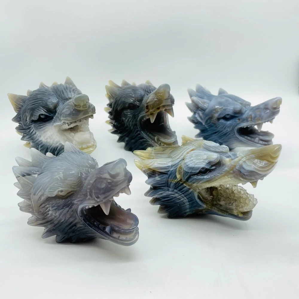 5 Pieces High Quality Geode Agate Wolf Head Carving - Image 3