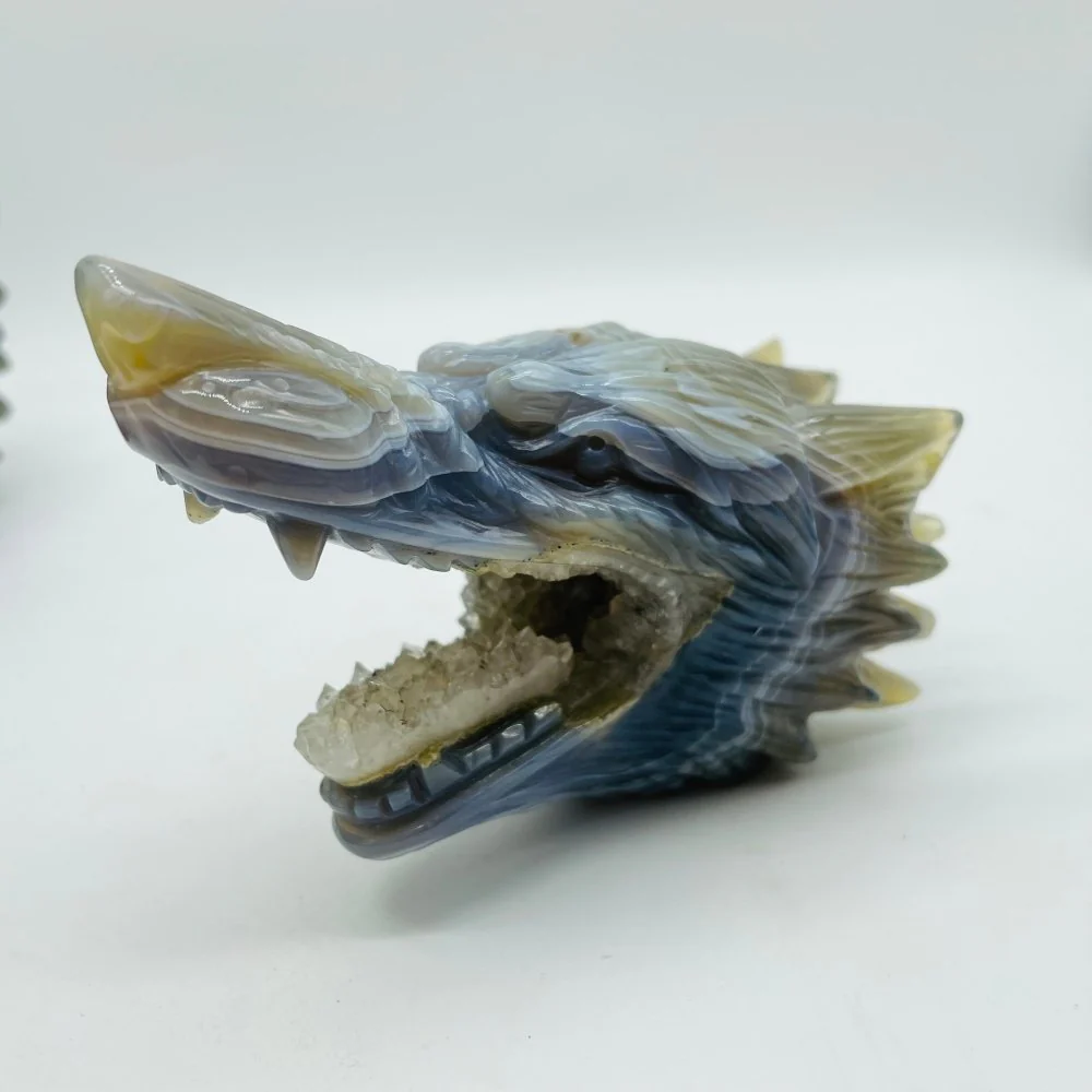 5 Pieces High Quality Geode Agate Wolf Head Carving - Image 4
