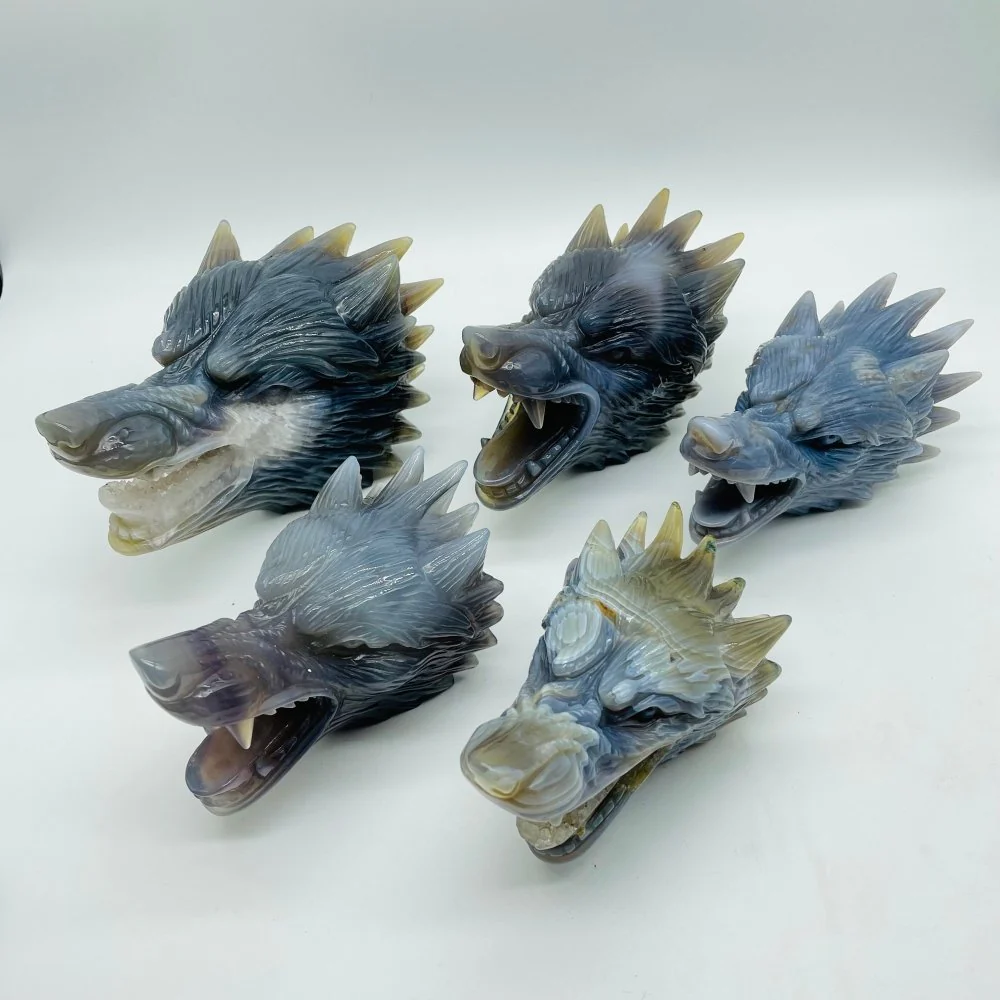 5 Pieces High Quality Geode Agate Wolf Head Carving - Image 5