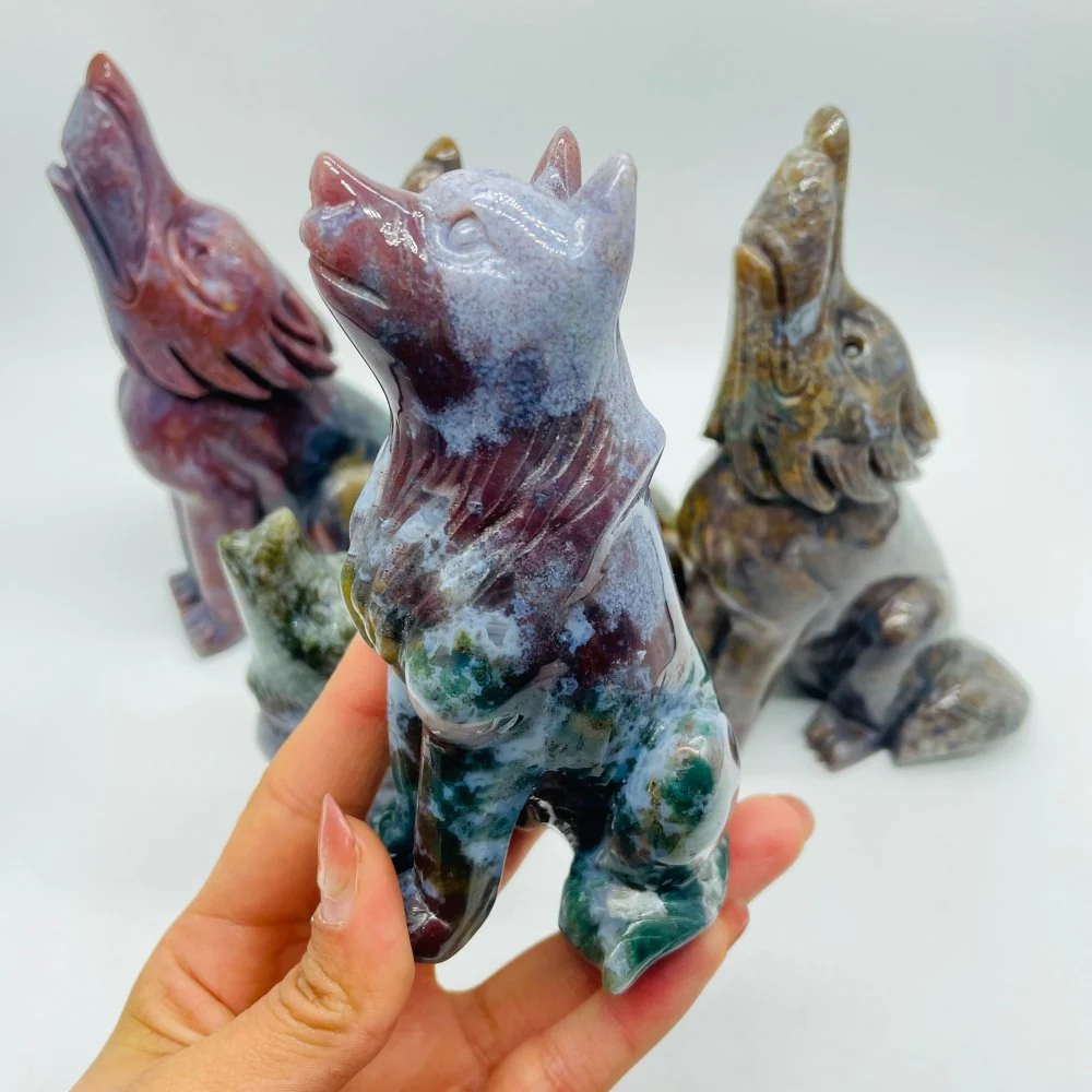 5 Pieces High Quality Ocean Jasper Wolf Carving - Image 3