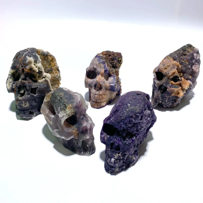 5 Pieces Purple Fluorite Skull Carving