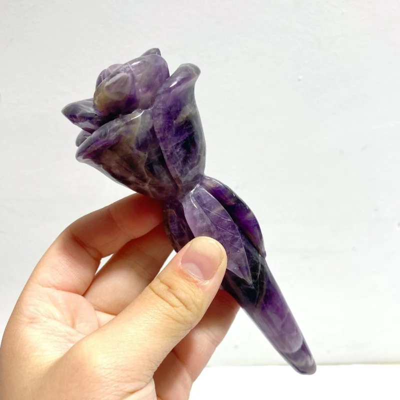 5 Pieces Rose Quartz Chevron Amethyst Flower Carving With Stand - Image 3