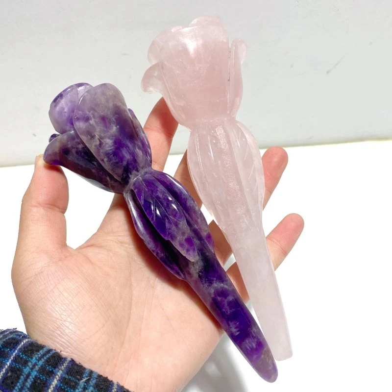 5 Pieces Rose Quartz Chevron Amethyst Flower Carving With Stand - Image 4