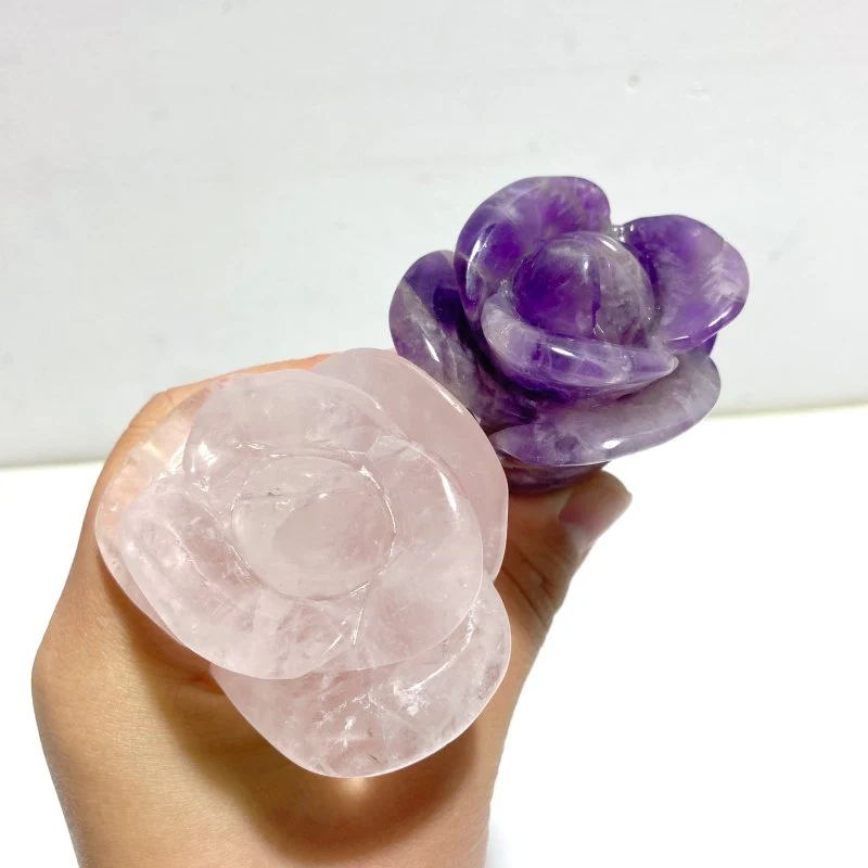 5 Pieces Rose Quartz Chevron Amethyst Flower Carving With Stand - Image 5