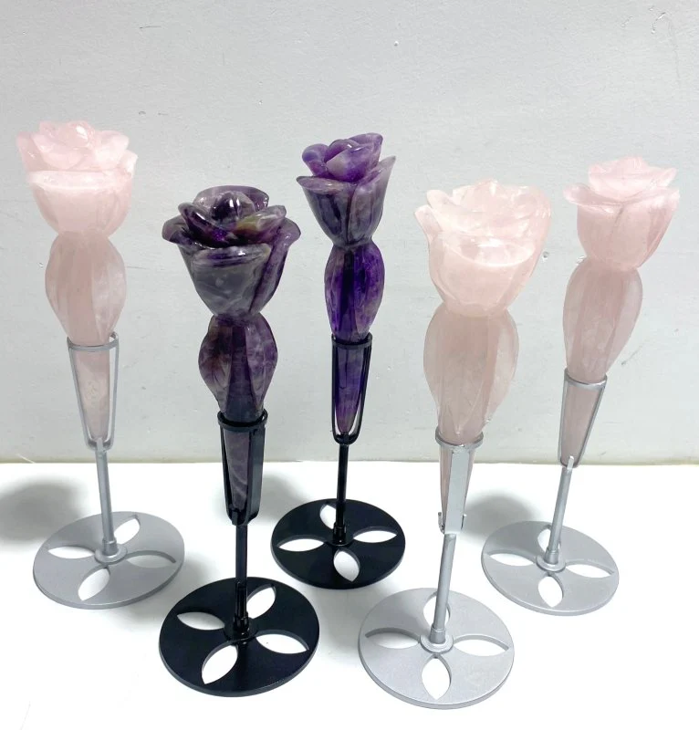 5 Pieces Rose Quartz Chevron Amethyst Flower Carving With Stand - Image 7