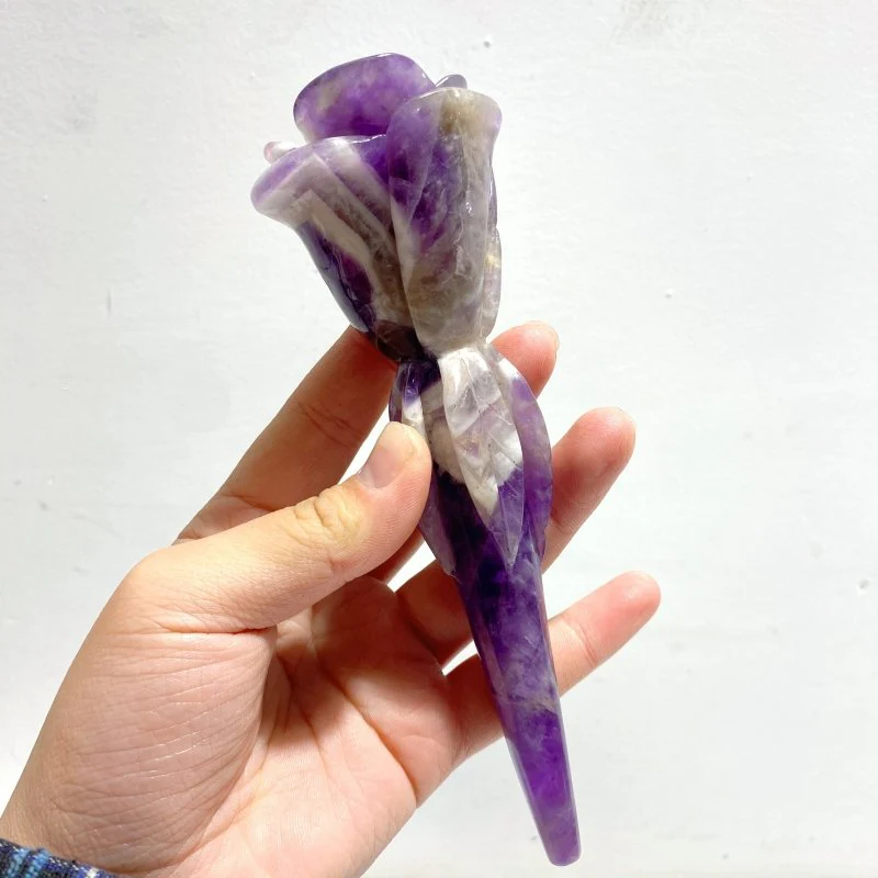 5 Pieces Rose Quartz Chevron Amethyst Flower Carving With Stand - Image 3