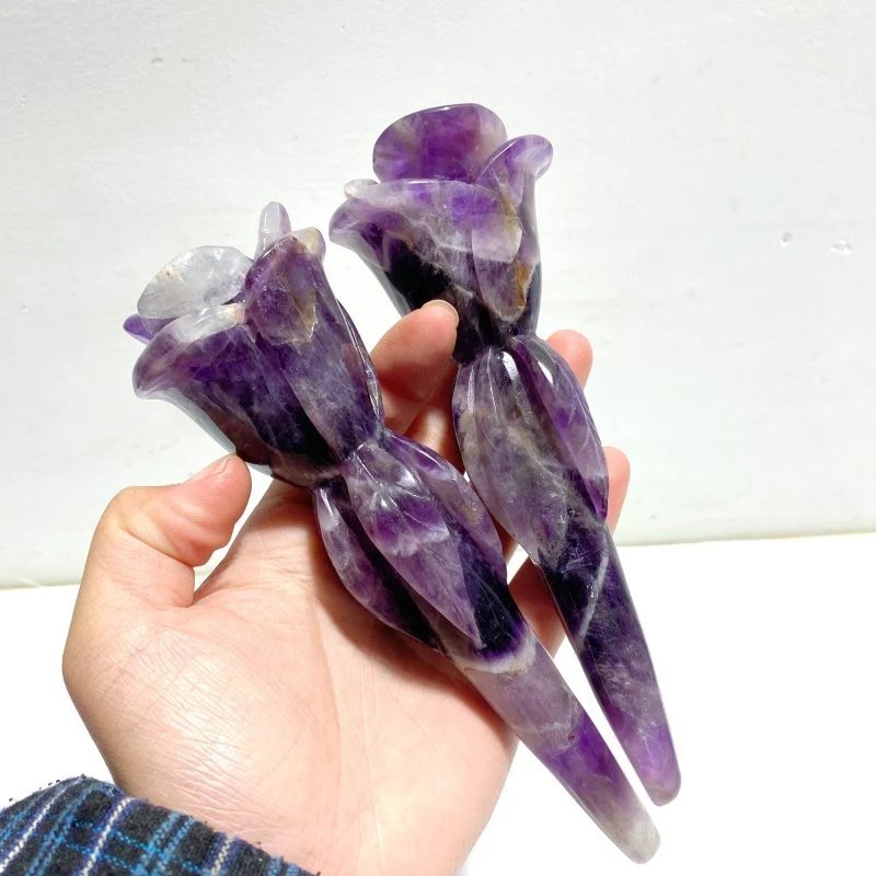 5 Pieces Rose Quartz Chevron Amethyst Flower Carving With Stand - Image 4