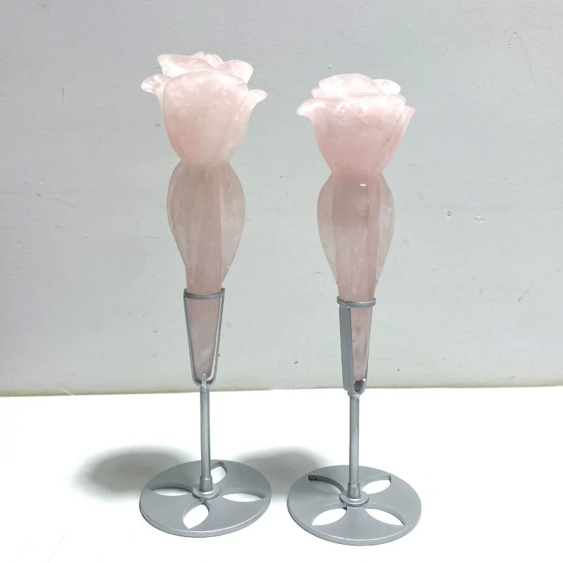 5 Pieces Rose Quartz Chevron Amethyst Flower Carving With Stand - Image 6