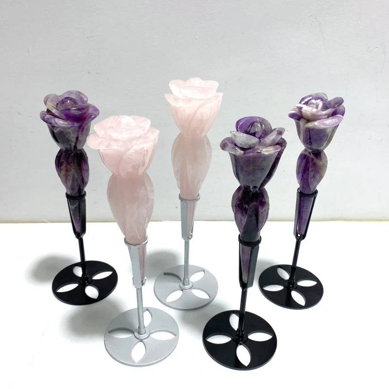5 Pieces Rose Quartz Chevron Amethyst Flower Carving With Stand - Image 7