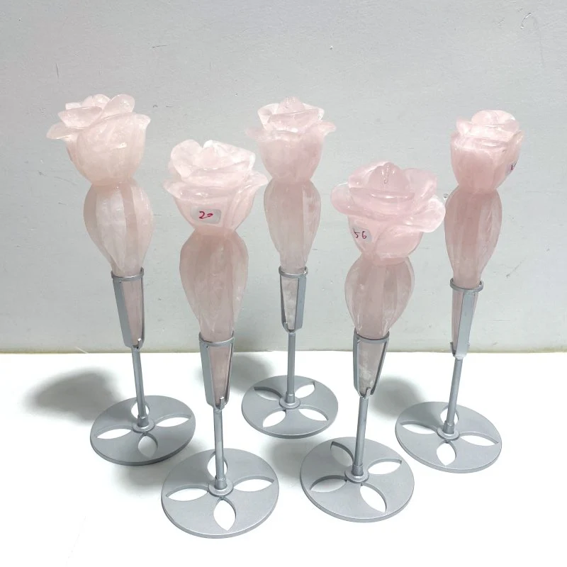 5 Pieces Rose Quartz Flower Carving With Stand - Image 7