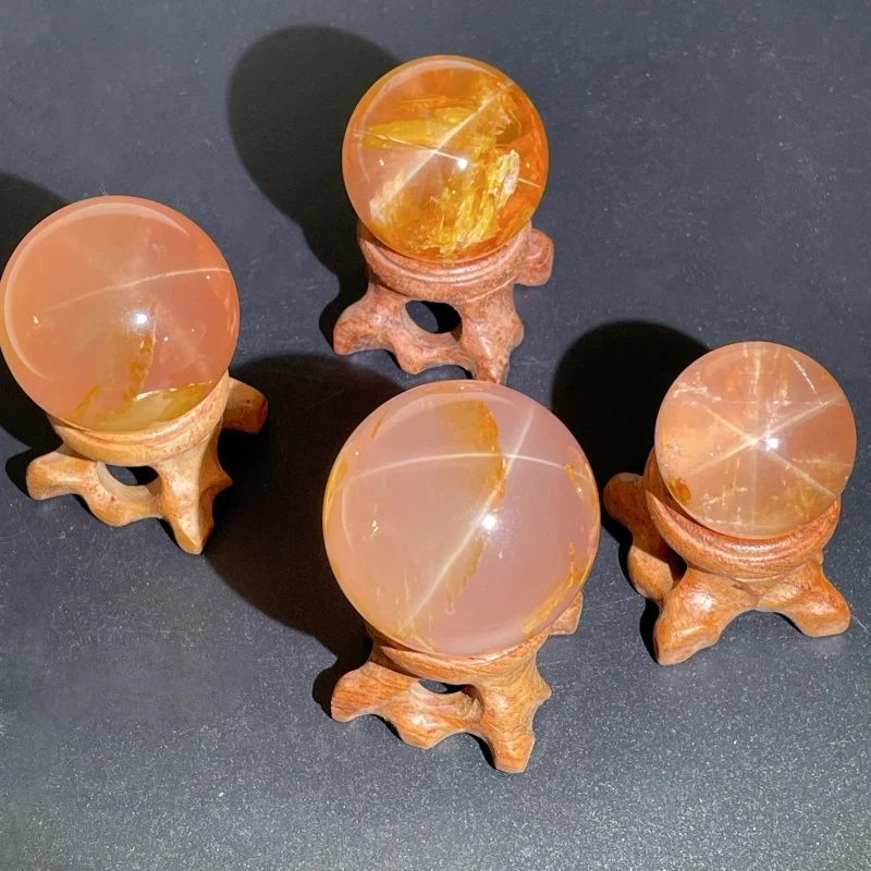 4 Pieces Six Star Line Rose Quartz Rabbit Hair Rutile Spheres(Crack) - Image 5