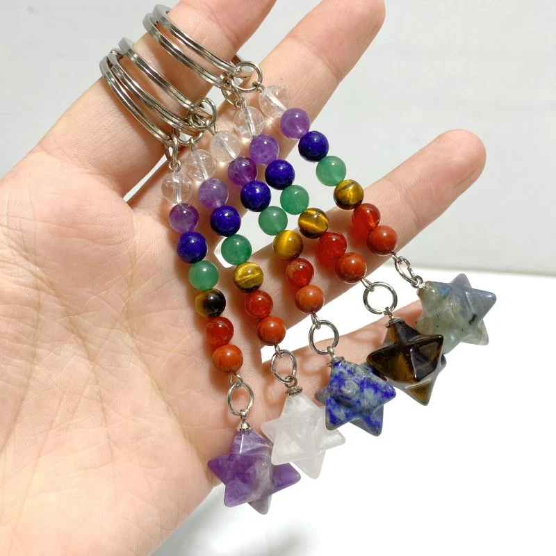 5 Types Mini 7 Chakra Beads Merkaba Keychain Wholesale Clear Quartz Tiger Eye