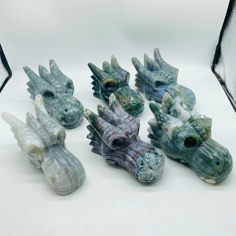 6 Pieces High Quality Moss Agate Dragon Head Carving - Image 2