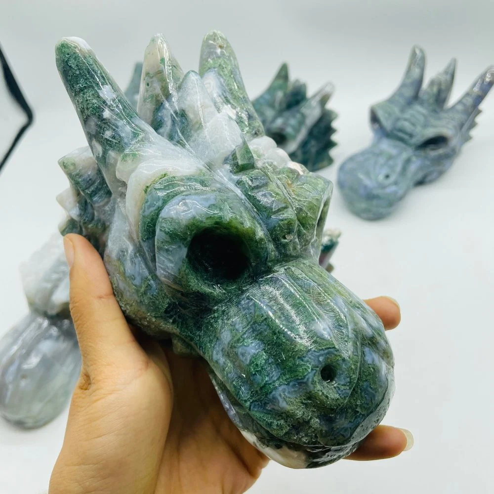 6 Pieces High Quality Moss Agate Dragon Head Carving - Image 3