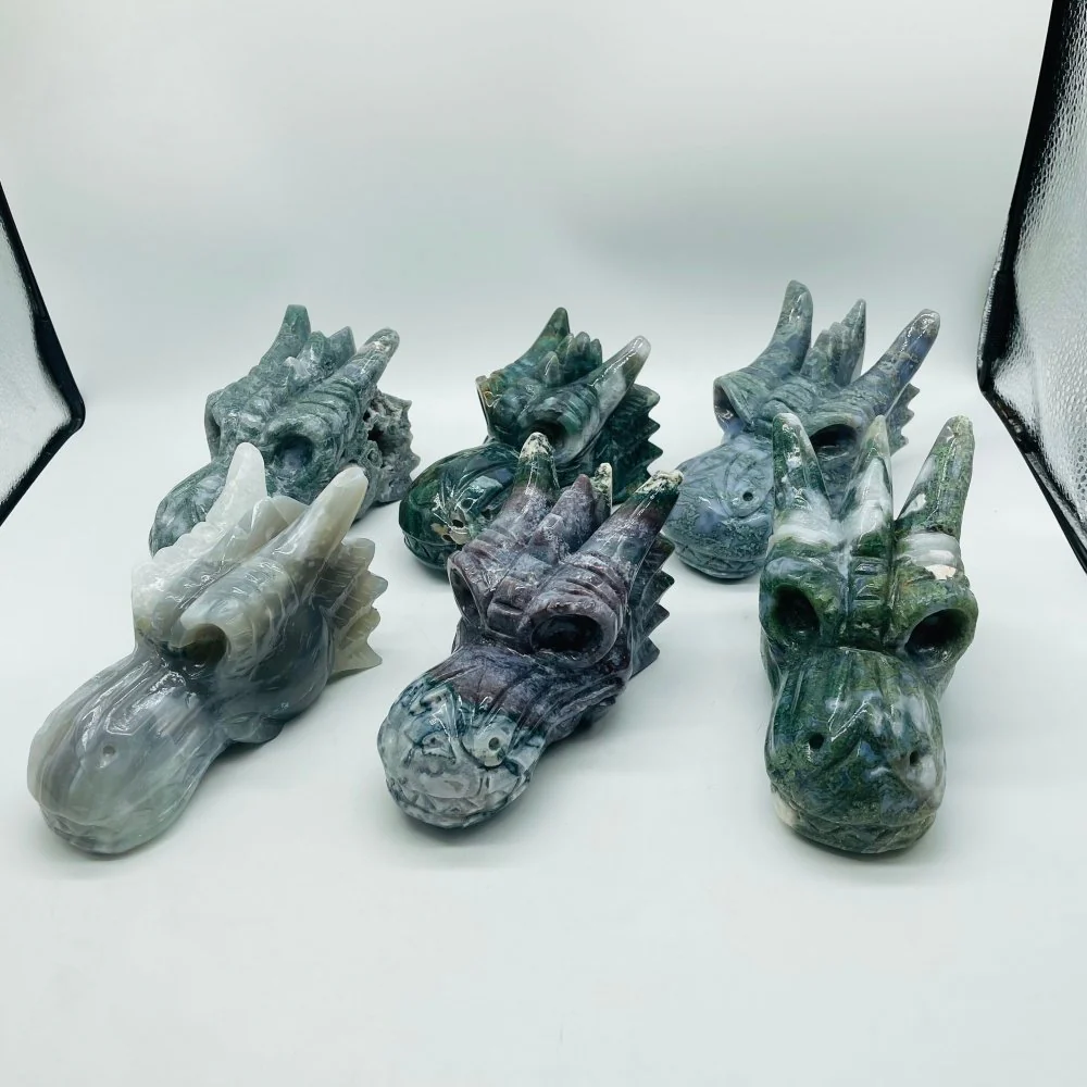 6 Pieces High Quality Moss Agate Dragon Head Carving - Image 5