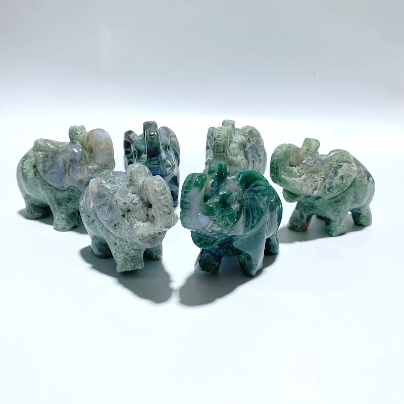 6 Pieces Moss Agate Elephant Carving