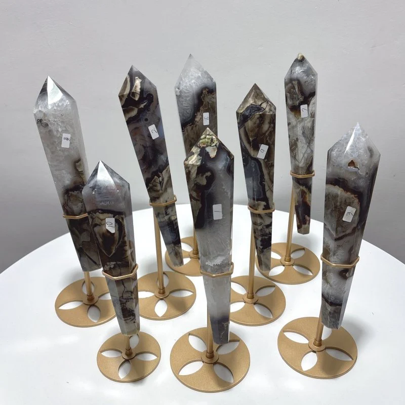 8 Pieces Fluorescent Volcanic Agate Scepter Wand with Stand (UV-Reactive)
