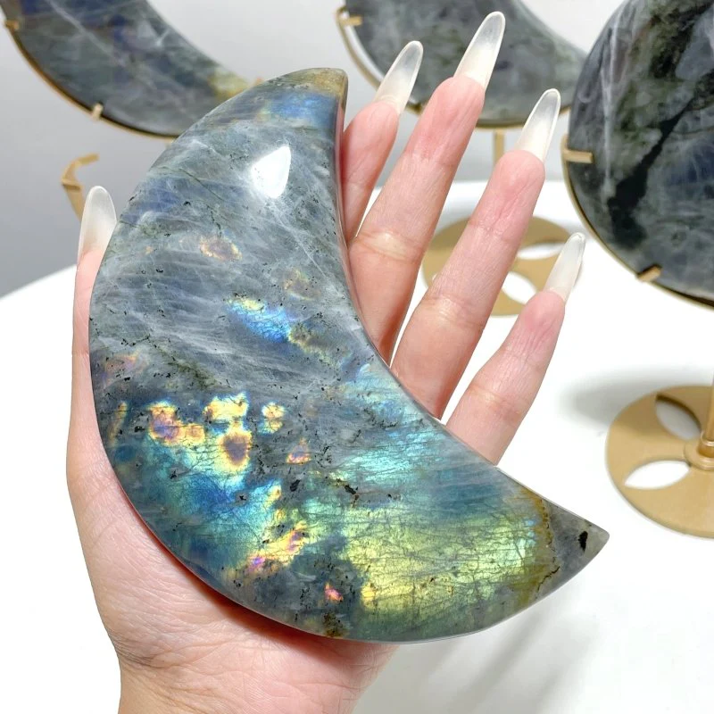 6 Pieces Beautiful Labradorite Moon Carving With Stand - Image 2
