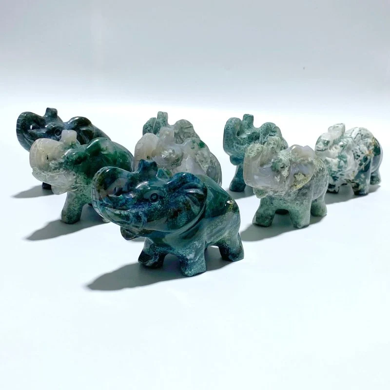 8 Pieces Moss Agate Elephant Carving
