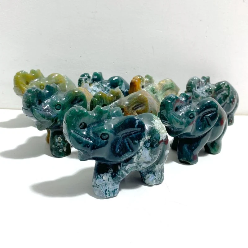 8 Pieces Moss Agate Elephant Carving