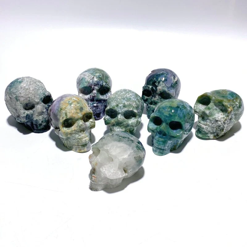 8 Pieces Moss Agate Skull Carving