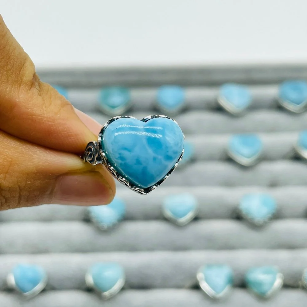 23 Pieces Beautiful Larimar Different Styles 925 Sterling Silver Heart Rings Wholesale - Image 4