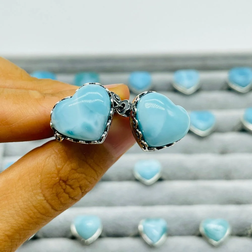 23 Pieces Beautiful Larimar Different Styles 925 Sterling Silver Heart Rings Wholesale - Image 5