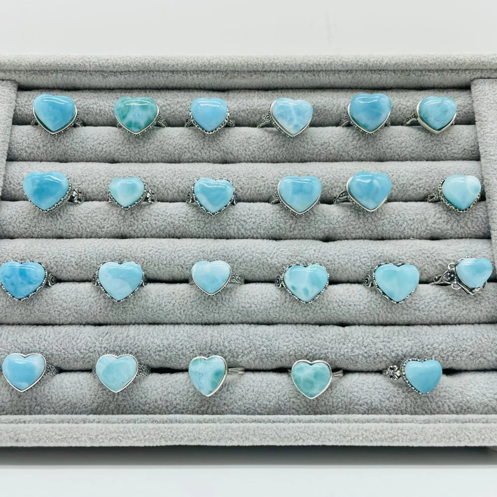 23 Pieces Beautiful Larimar Different Styles 925 Sterling Silver Heart Rings Wholesale - Image 7