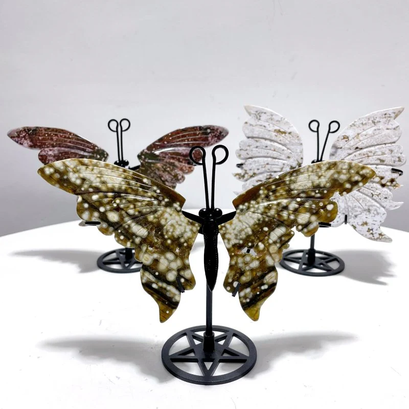 3 Pairs 8th Vein Ocean Jasper Butterfly Wing Carving With Stand #2