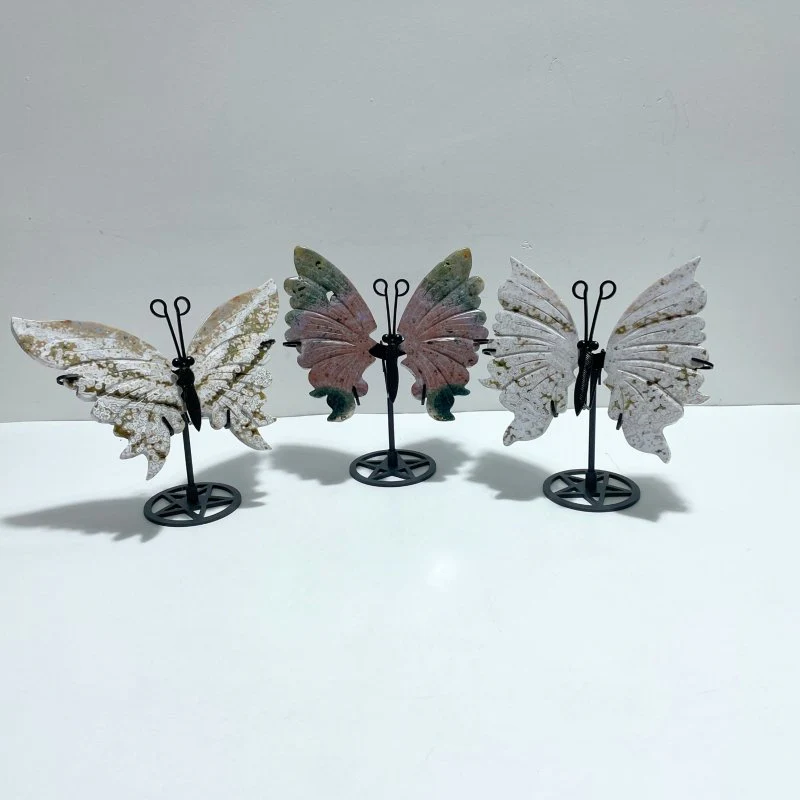 3 Pairs 8th Vein Ocean Jasper Butterfly Wing Carving With Stand #3