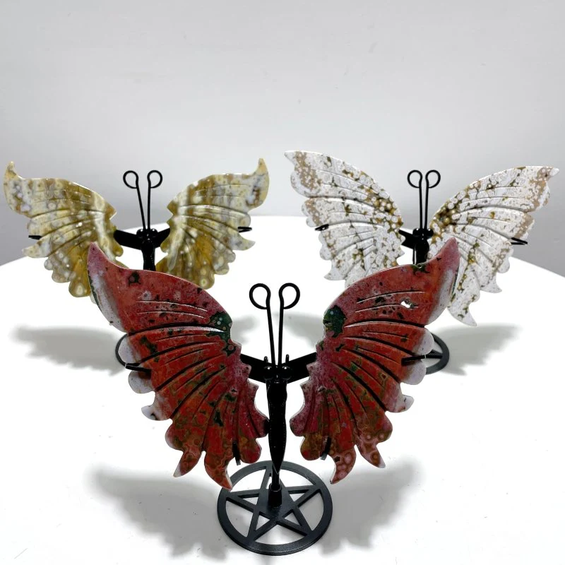 3 Pairs 8th Vein Ocean Jasper Butterfly Wing Carving With Stand #4