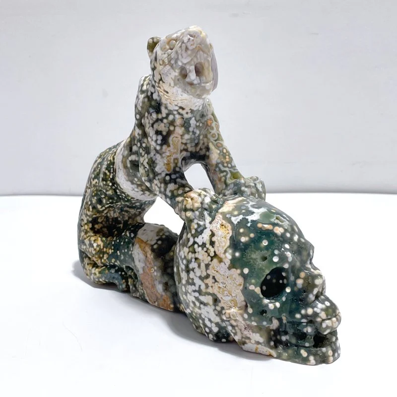 Beautiful 8th Vein Ocean Jasper Leopard Panther Skull Carving