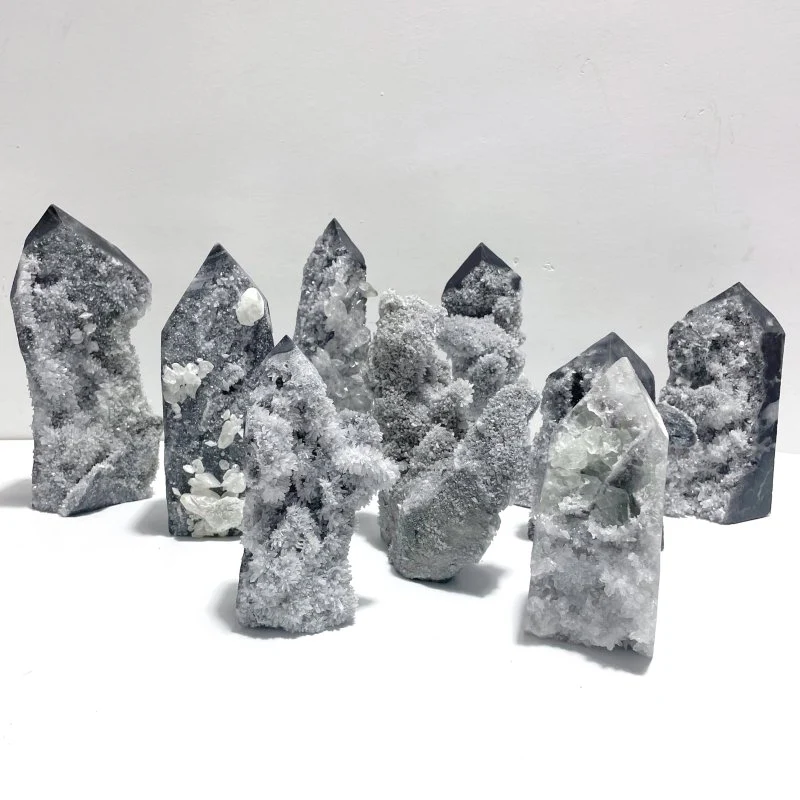 9 Pieces Black Clear Quartz Cluster Raw Side Point Tower