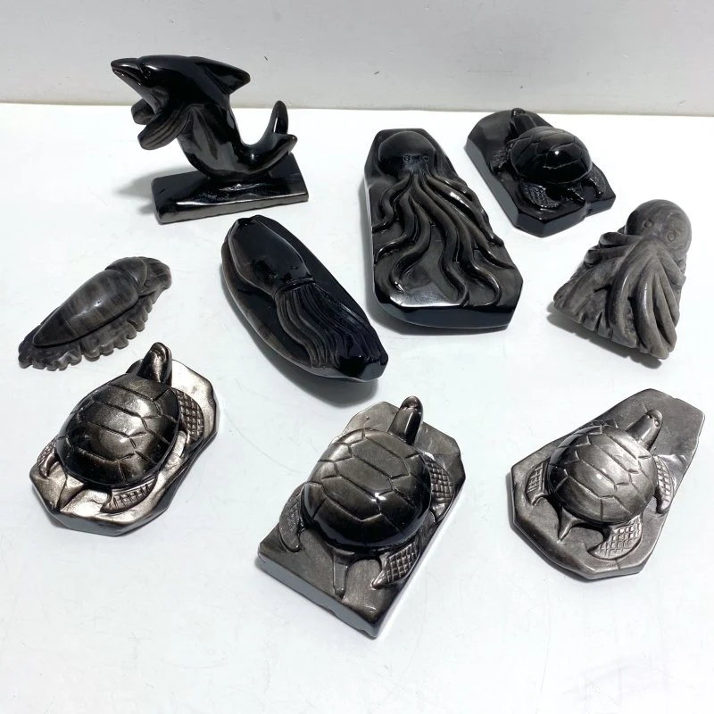 9 Pieces Silver Sheen Obsidian Sea Animals Carving