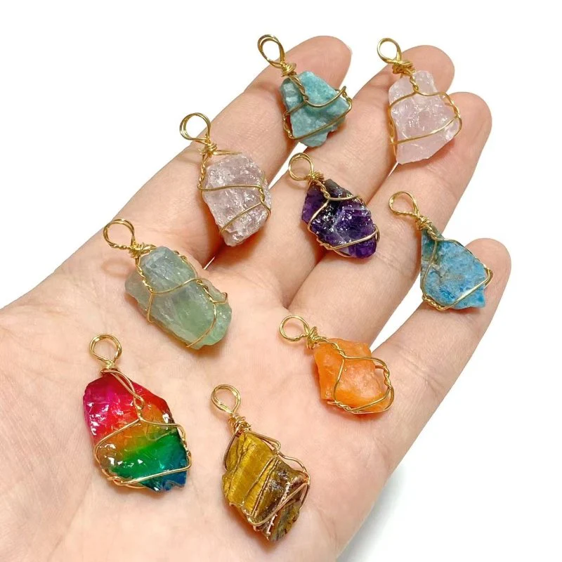 9 Types Raw Stone Crystal Pendants Wholesale Rose Quartz Chevron Amethyst Sunstone