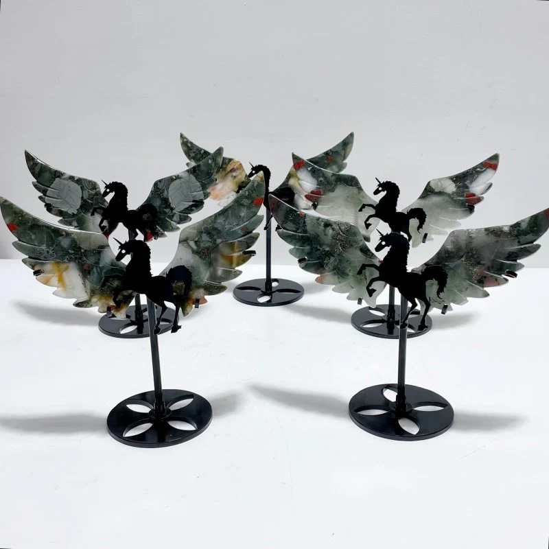5 Pairs Africa Blood Stone Pegasus Wing Carving With Stand