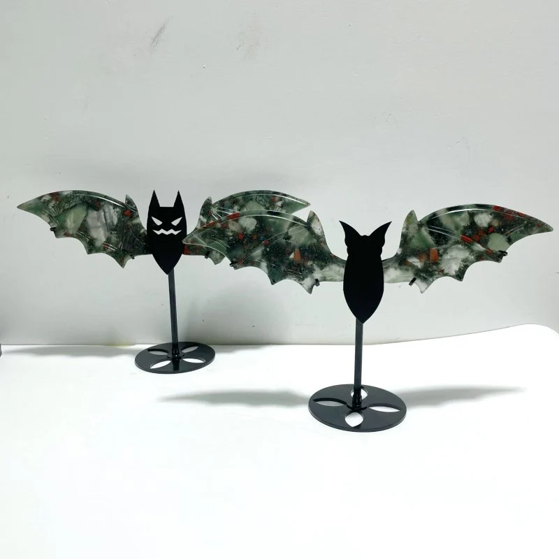 2 Pairs Africa Blood Stone Bat Wing Carving With Stand