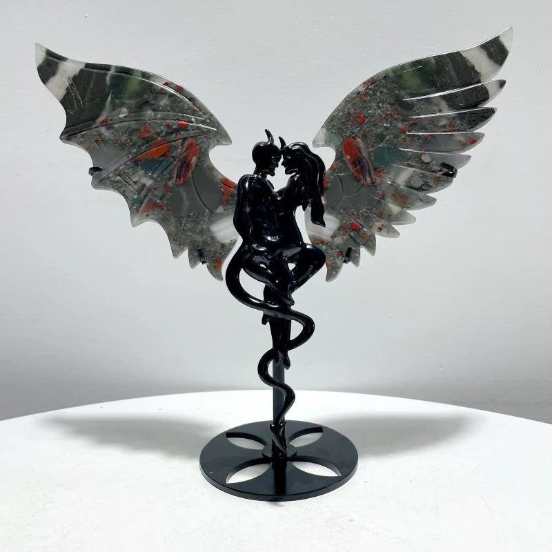 Africa Blood Stone Demon And Angel Wing Carving With Stand