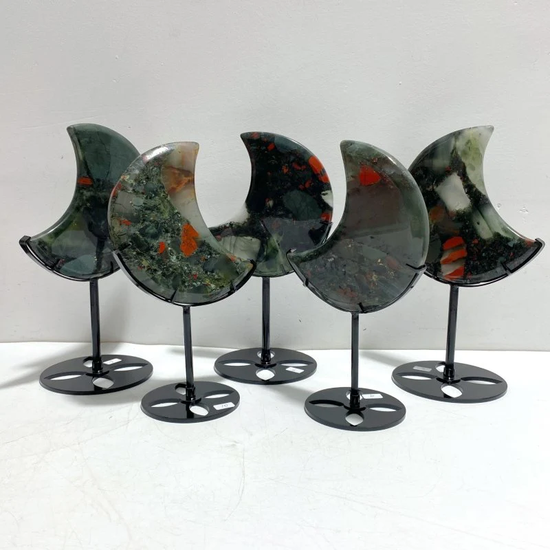 5 Pieces Large Africa Blood Stone Moon Carving With Stand