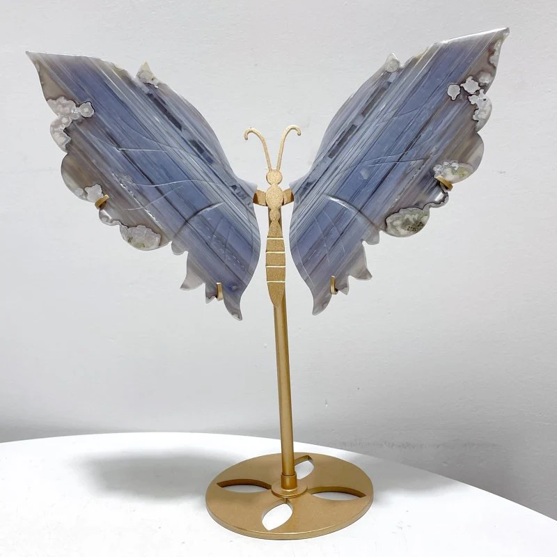 2 Pairs Stripe Agate Symmetry Butterfly Carving With Stand - Image 3