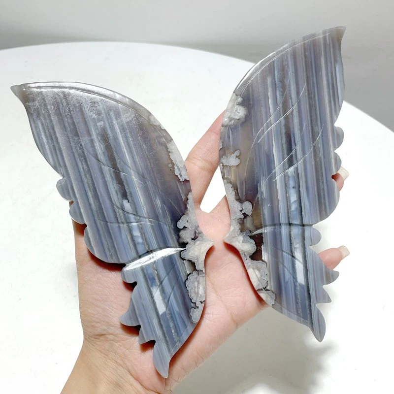 2 Pairs Stripe Agate Symmetry Butterfly Carving With Stand - Image 5