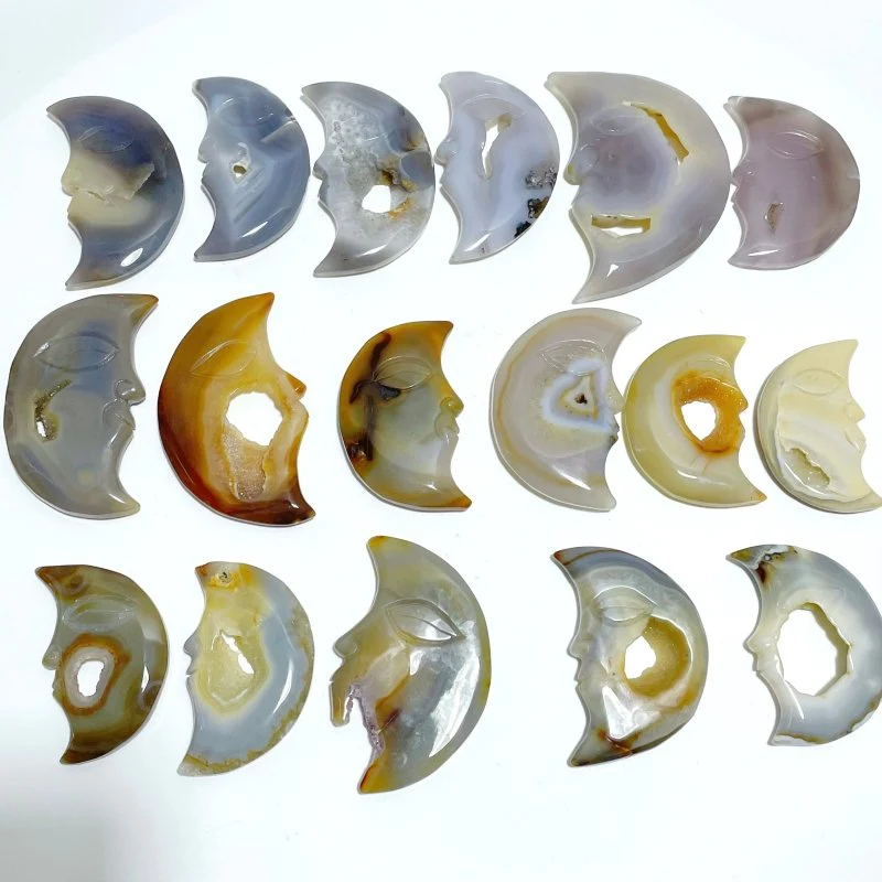 17 Pieces Large Agate Druzy Geode Moon Face Carving