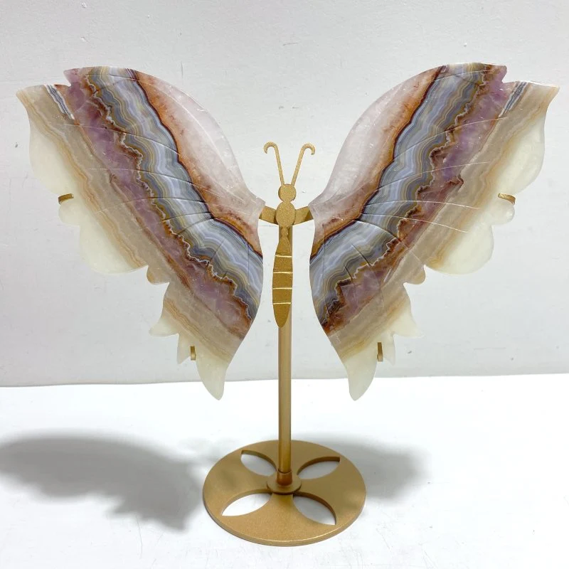 Stripe Agate Mixed Amethyst Butterfly Wing Carving With Stand