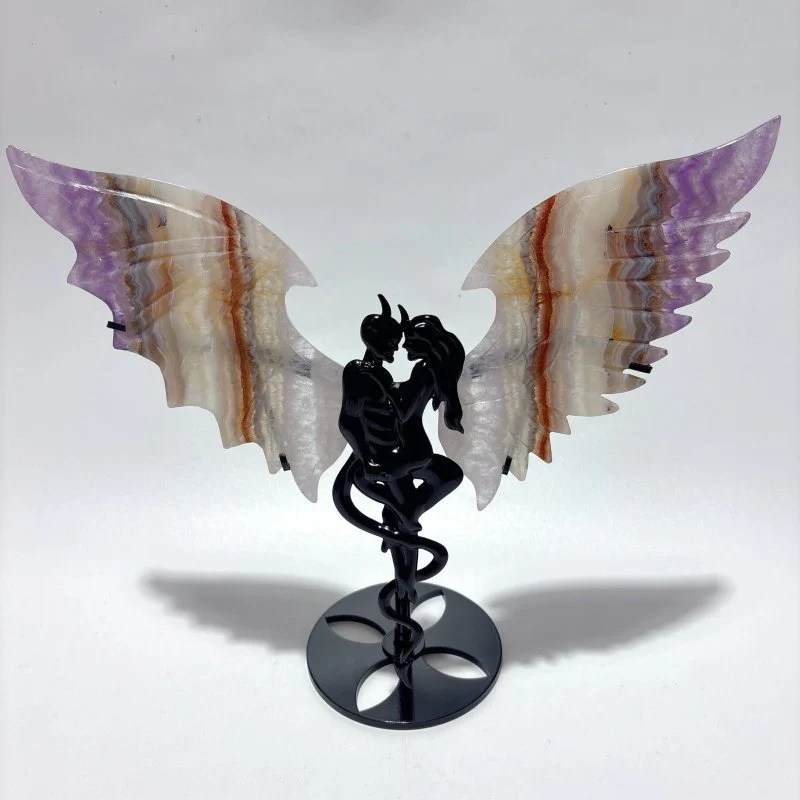 2 Pairs Amethyst Mixed Agate Demon And Angel Symmetry Wing Carving With Stand