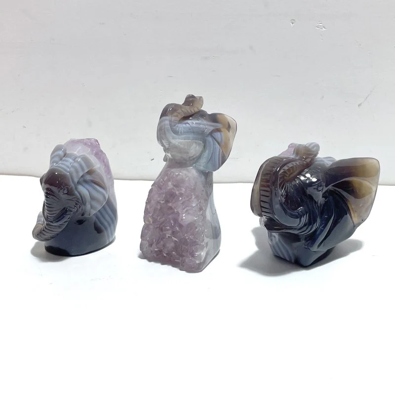 3 Pieces Amethyst Mixed Geode Druzy Agate Elephant Animal Carving #A14
