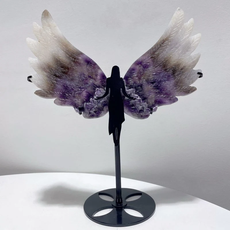 Chevron Amethyst Angel Wing Carving With Stand