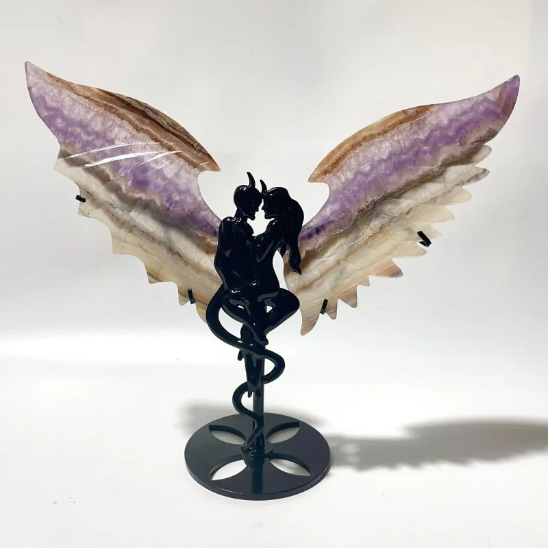 2 Pairs Amethyst Mixed Striped Agate Demon And Angel Wing Carving With Stand