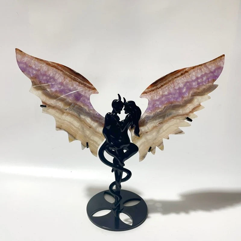 2 Pairs Amethyst Mixed Striped Agate Demon And Angel Wing Carving With Stand - Image 2