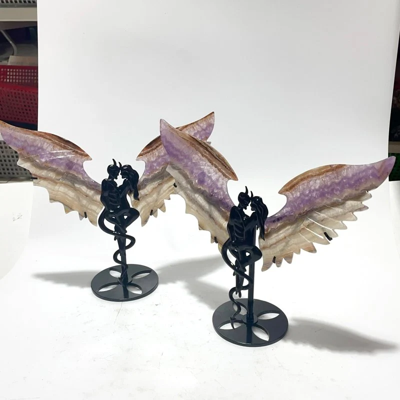 2 Pairs Amethyst Mixed Striped Agate Demon And Angel Wing Carving With Stand - Image 3