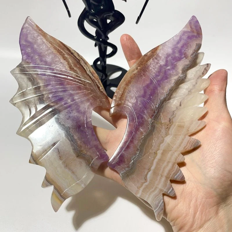 2 Pairs Amethyst Mixed Striped Agate Demon And Angel Wing Carving With Stand - Image 4